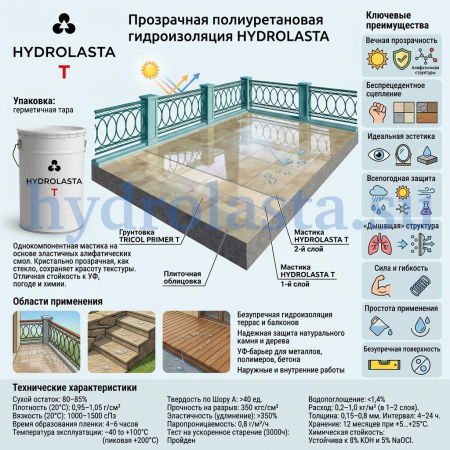 Прозрачная полиуретановая гидроизоляция HYDROLASTA T 5 кг